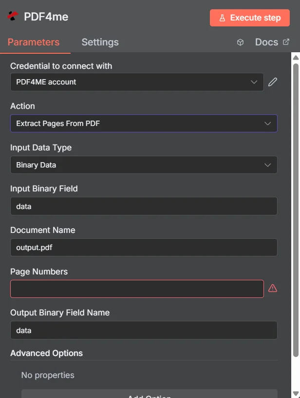 Nodo PDF4me en n8n configurado en Acción Extraer páginas de PDF, Tipo de datos de entrada Datos binarios, Campo de entrada de datos binarios, Nombre del documento output.pdf, un campo de Números de página obligatorio vacío y Nombre del campo de salida de datos binarios